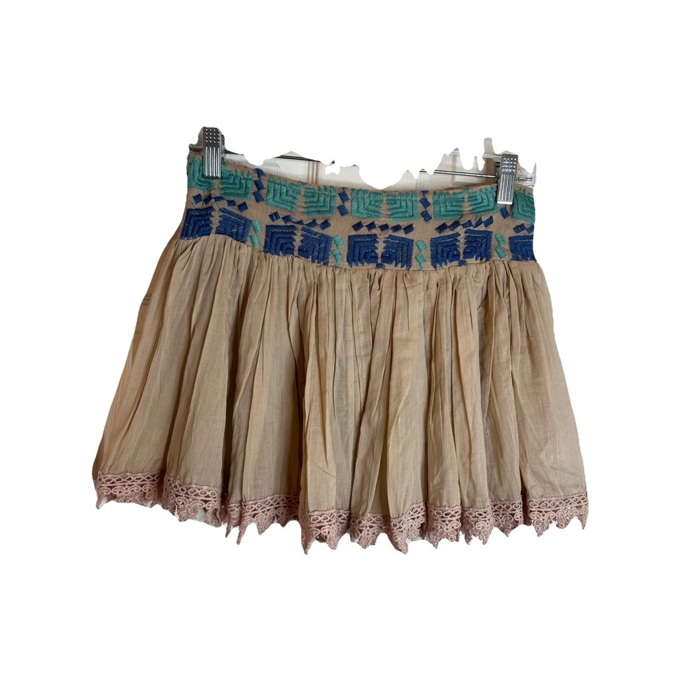 Anthropologie Raga Embroidered MiniSkirt Tan Boho Festival Embroidery Lace Small